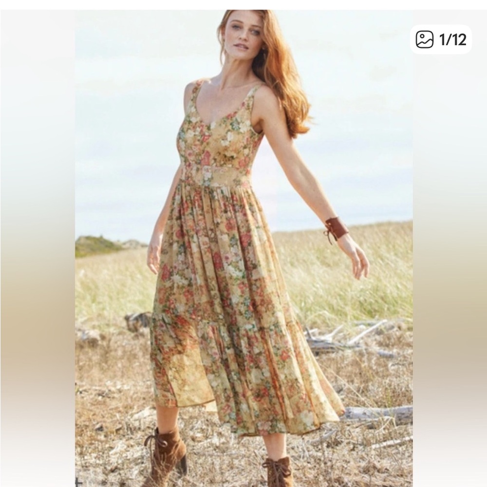 Peruvian Connection Floral Maxi Dress - Beige and Red Boho Cottagecore, Sz 6